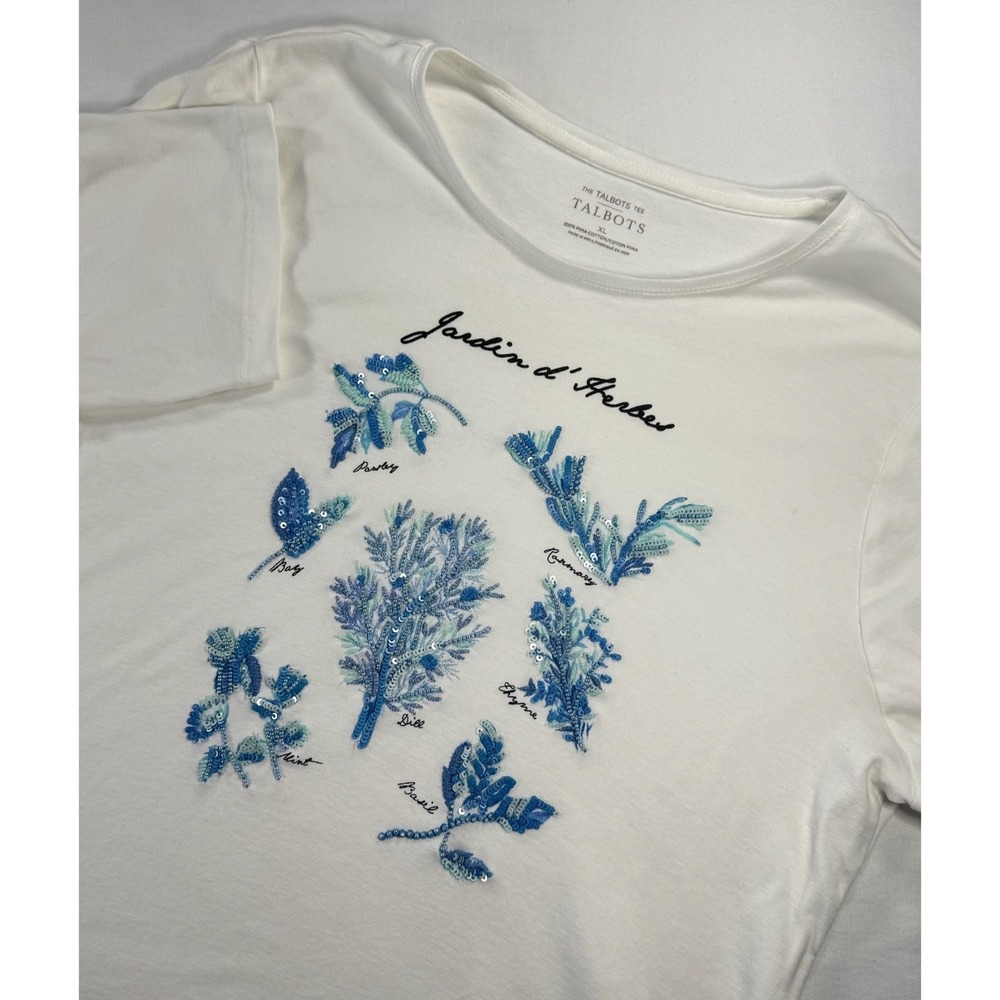 Talbots White Pima Cotton Jardin d'Herbes Beaded Graphic Tee Shirt XL